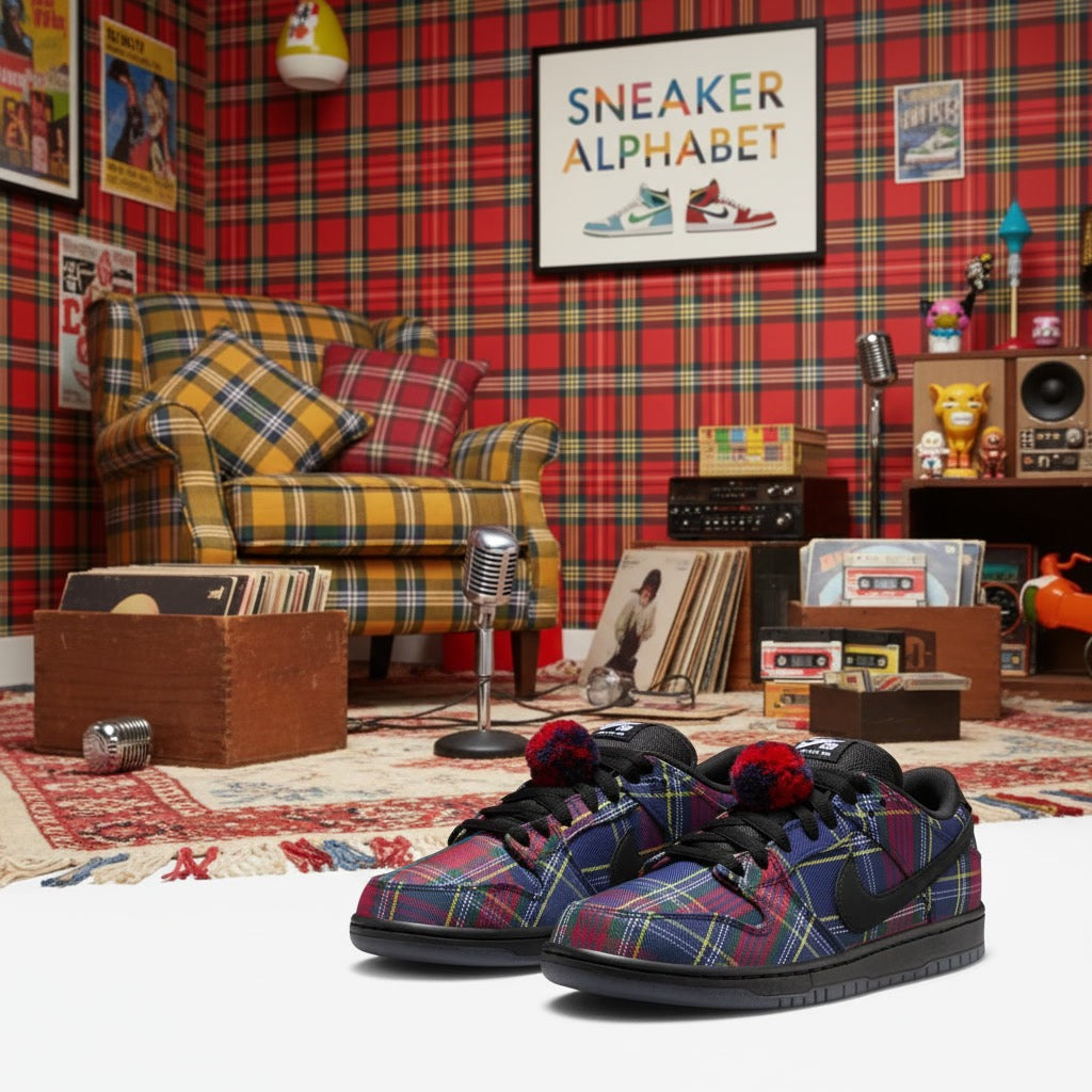 A pair of Nike SB Dunk Low “Nardwuar” sneakers
